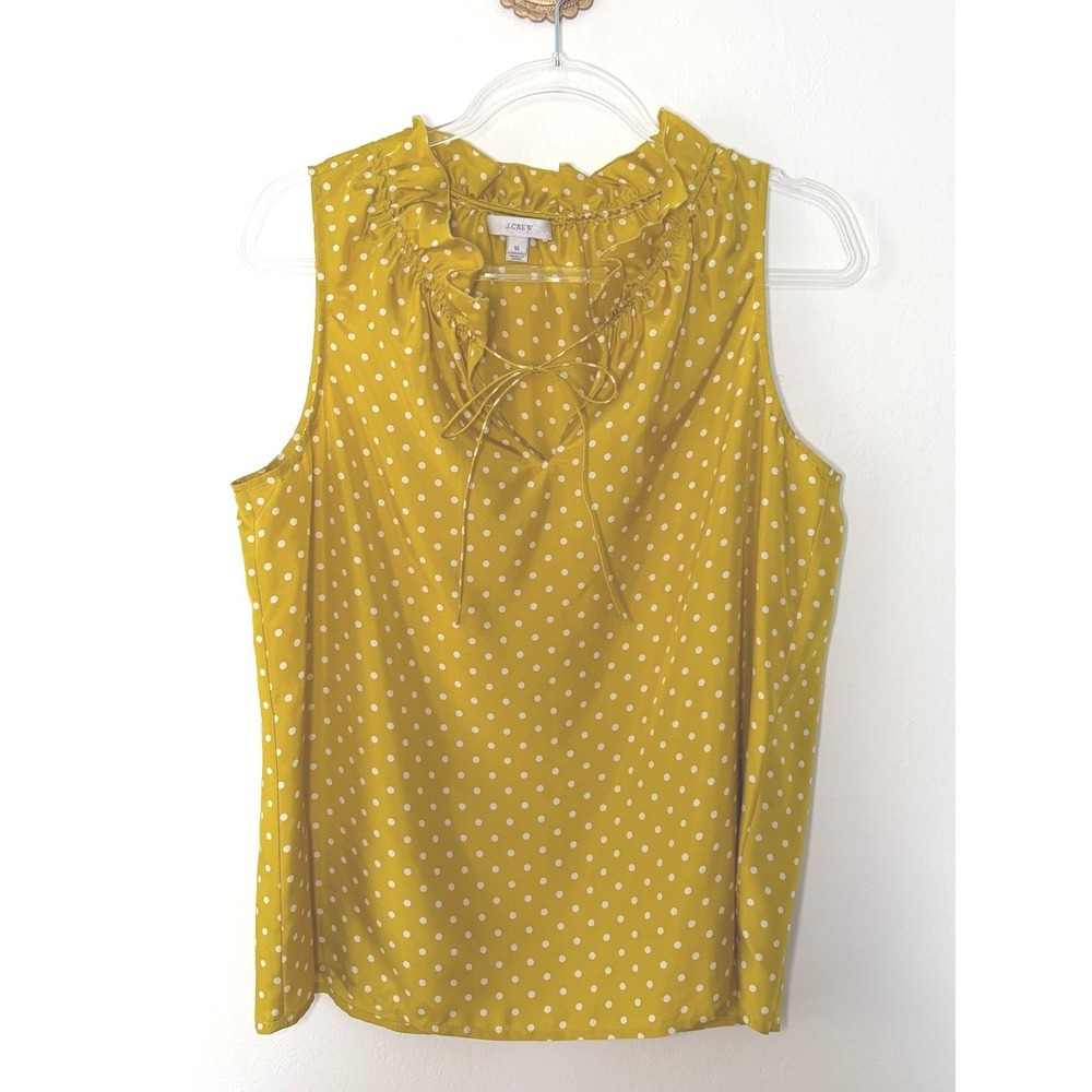 J.Crew Naomi 100% Silk Mustard Polka Dot Ruffle Tie Neck Blouse Size 10 - Picture 2 of 8